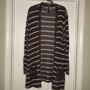 Deep purple and white striped open cardigan